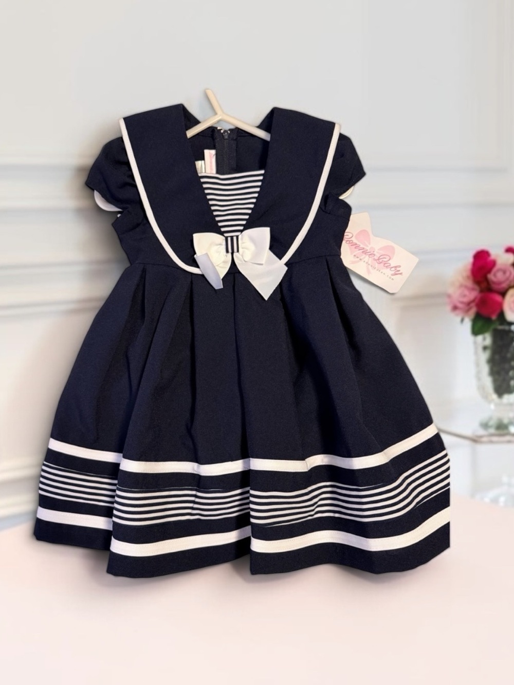 Bonnie Jean Navy & White Sailor-Inspired Dress with Bow